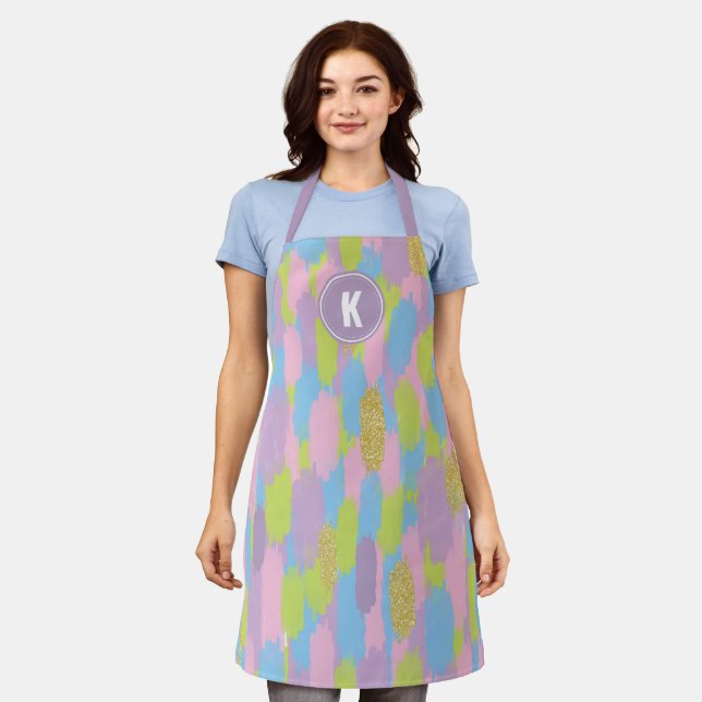 Colourful Abstract Brushstrokes  Pattern Monogram Apron (Worn)