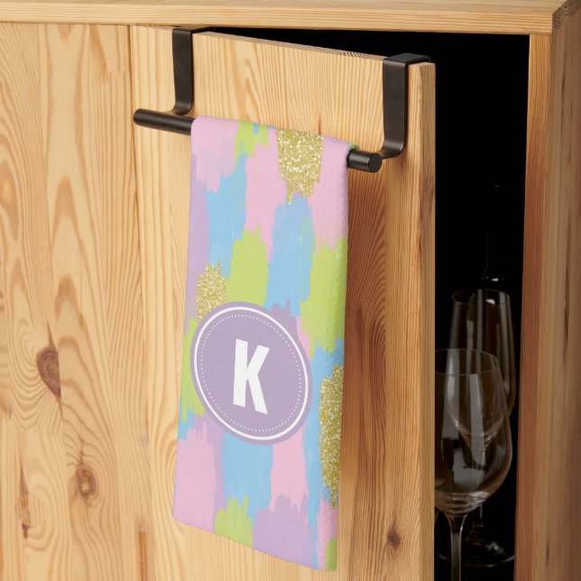 Colourful Abstract Brushstrokes  Pattern Monogram Tea Towel (Thirds Fold)