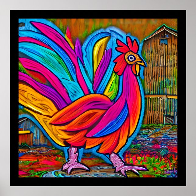 Colourful Abstract Cartoon Barn Rooster Poster (Front)