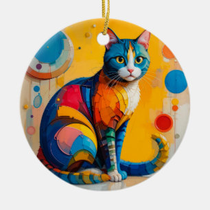 Colourful Abstract Cat Artwork Ceramic Tree Decoration