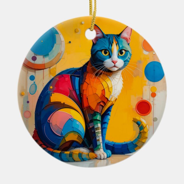 Colourful Abstract Cat Artwork Ceramic Tree Decoration (Front)