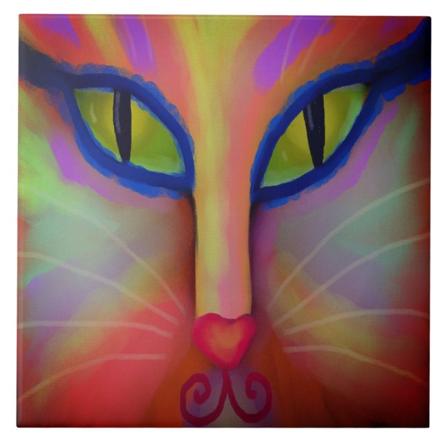 Colourful Abstract Cat Face Digital Painting Tile (Front)