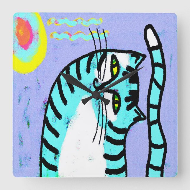 Colourful Abstract Cat Painting Square Wall Clock (Front)