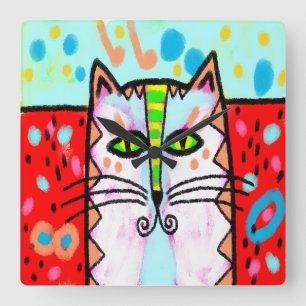 Colourful Abstract Cat Painting Square Wall Clock