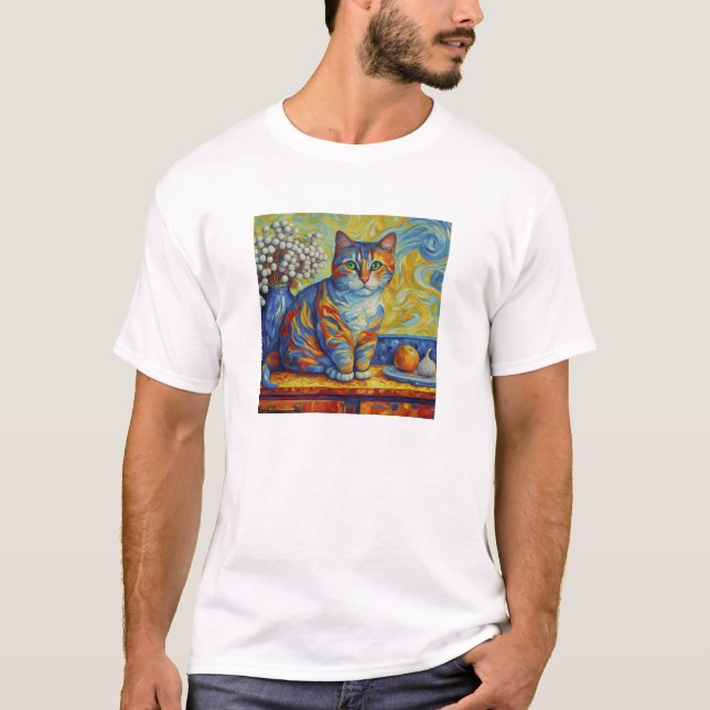 Colourful Abstract Cat Van Gogh Style T-Shirt (Front)