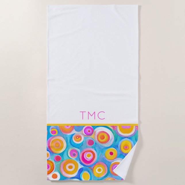 Colourful Abstract Circle Art INITIALS Summer Fun Beach Towel (Front)