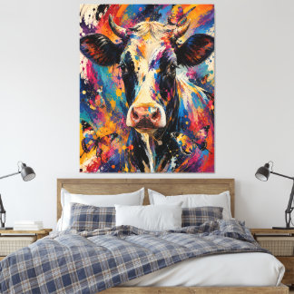 Colourful Abstract Cow Painting with Butterflies  Canvas Print
