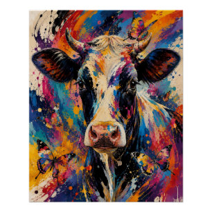 Colourful Abstract Cow Painting with Butterflies Poster
