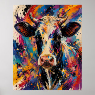 Colourful Abstract Cow Painting with Butterflies  Poster