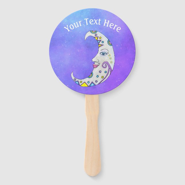 Colourful Abstract Crescent Moon With Face Purple Hand Fan (Front)