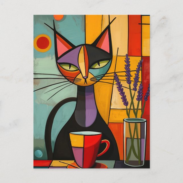 Colourful Abstract Cubist Cat & Coffee Postcard (Front)
