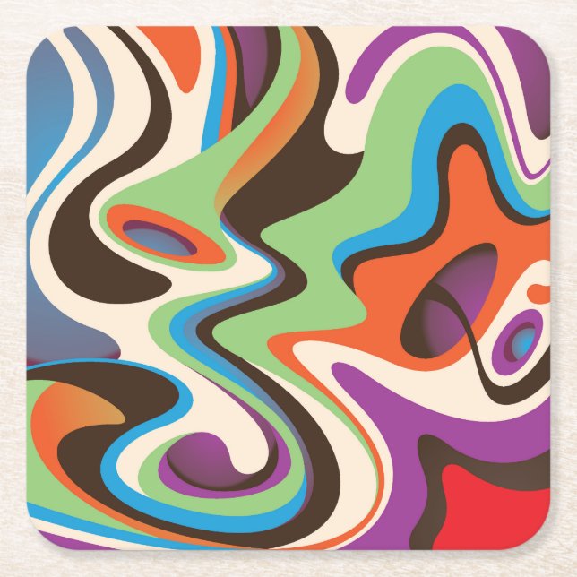 Colourful Abstract Curved Waves Square Paper Coaster (Front)