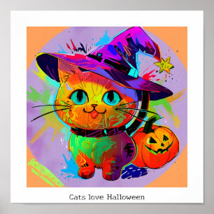 Colourful abstract Cute Happy Halloween Cat Poster