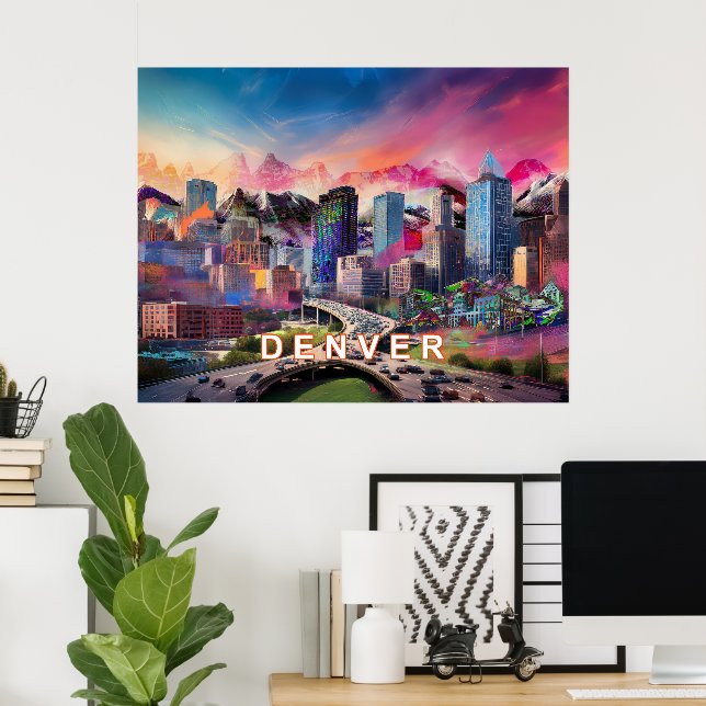 Colourful Abstract Denver Colorado Skyline Art  Poster (Home Office)