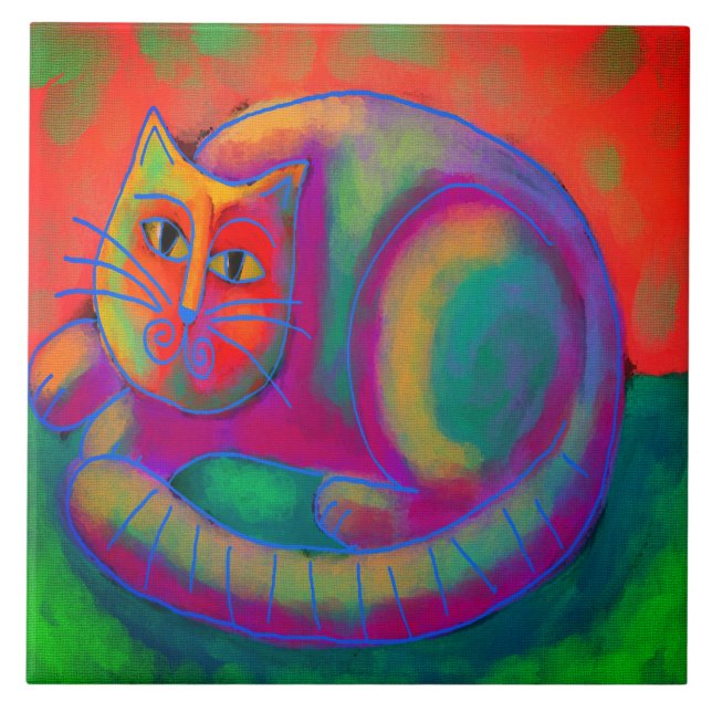 Colourful Abstract Digital Cat Painting Tile (Front)