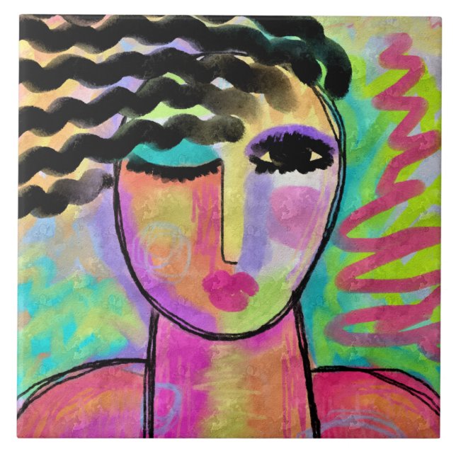 Colourful Abstract Digital Portrait of a Woman Tile (Front)