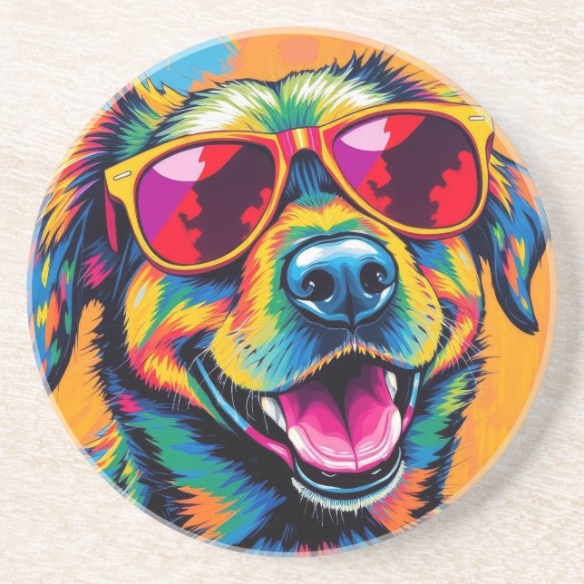 Colourful Abstract Dog with Sunglasses Coaster (Front)