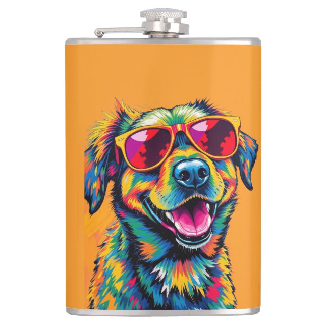 Colourful Abstract Dog with Sunglasses Hip Flask (Front)