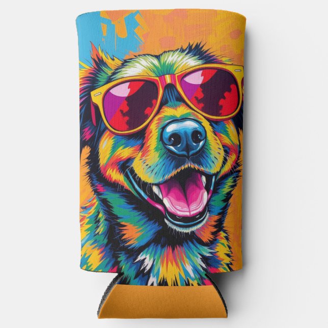 Colourful Abstract Dog with Sunglasses Seltzer Can Cooler (Front)