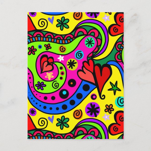 Colourful Abstract Doodle Art Hearts and Flowers  Postcard (Front)