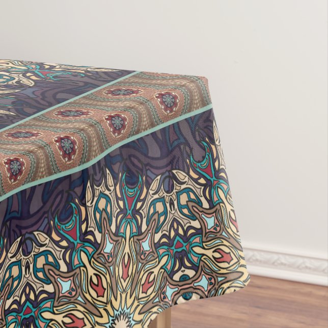 Colourful abstract ethnic floral mandala pattern tablecloth (In Situ)