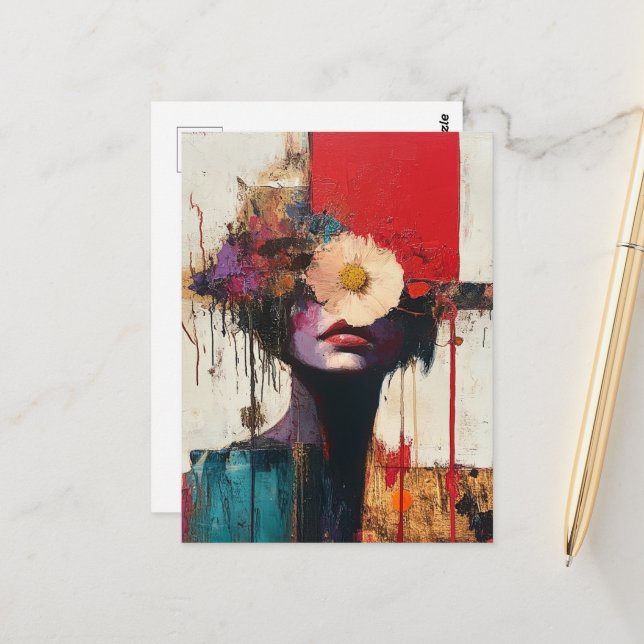 Colourful Abstract Face and Flowers Postcard (Front/Back In Situ)
