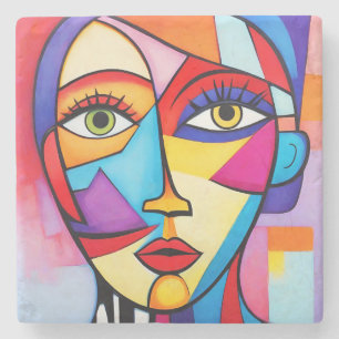 Colourful Abstract Face Cubism  Stone Coaster