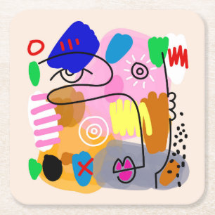 Colourful Abstract Face Shapes Sketch Square Paper Coaster