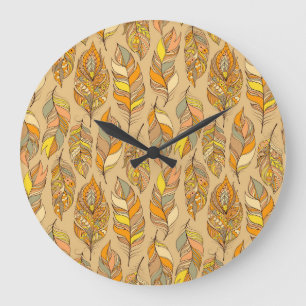 Colourful Abstract Feathers: Vintage Pattern Large Clock