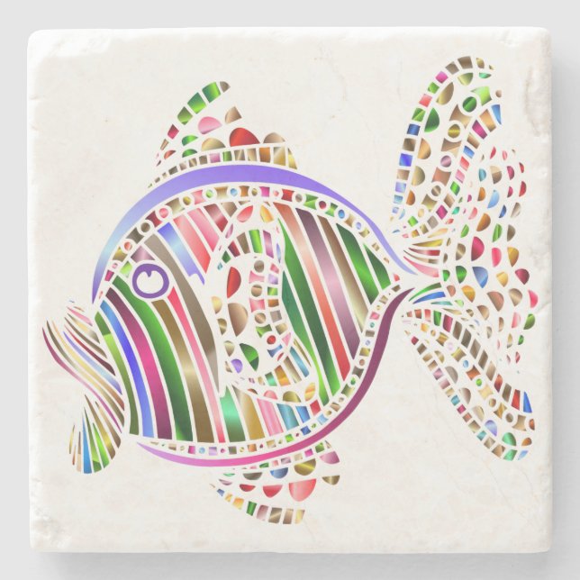 Colourful Abstract Fish Mosaic Art Stone Coaster (Front)