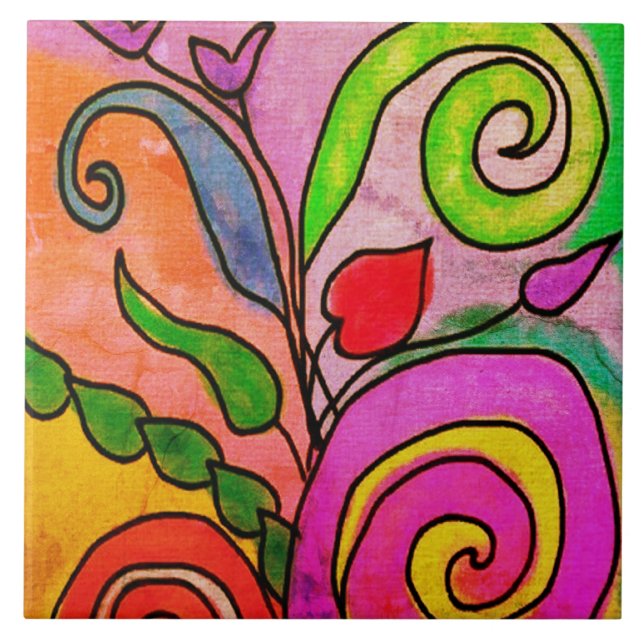 Colourful Abstract Floral Digital Painting Tile (Front)