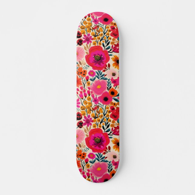 Colourful Abstract Floral Pink Yellow Bold Pattern Skateboard (Front)