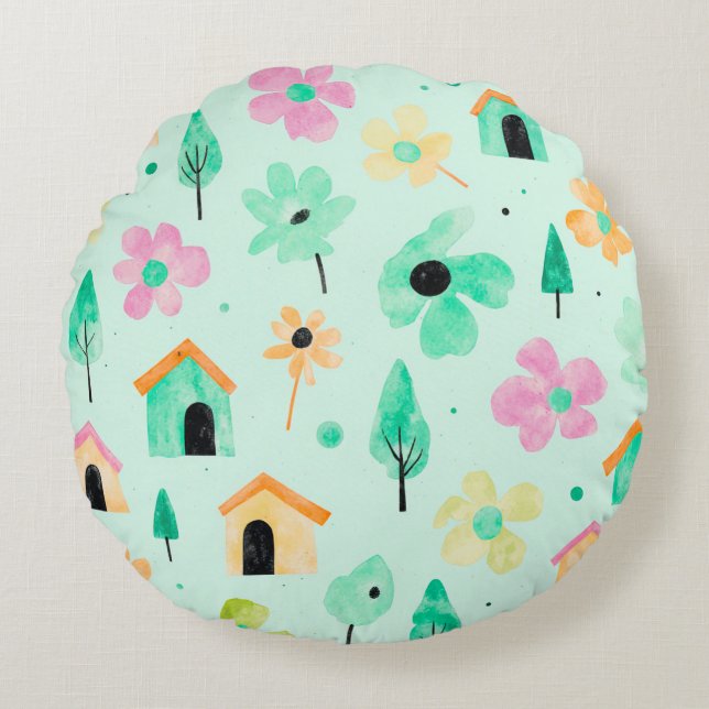 Colourful Abstract Floral Round Pillow (Front)