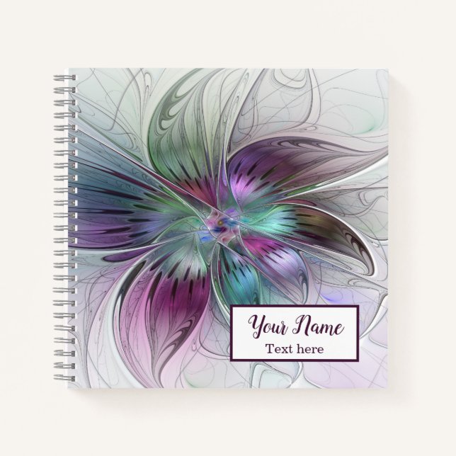 Colourful Abstract Flower Floral Fractal Art Name Notebook (Front)