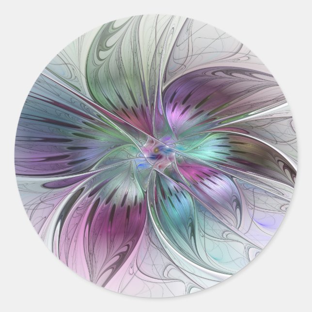 Colourful Abstract Flower Modern Floral Fractal Ar Classic Round Sticker (Front)