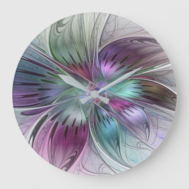 Colourful Abstract Flower Modern Floral Fractal Ar Large Clock (Front)