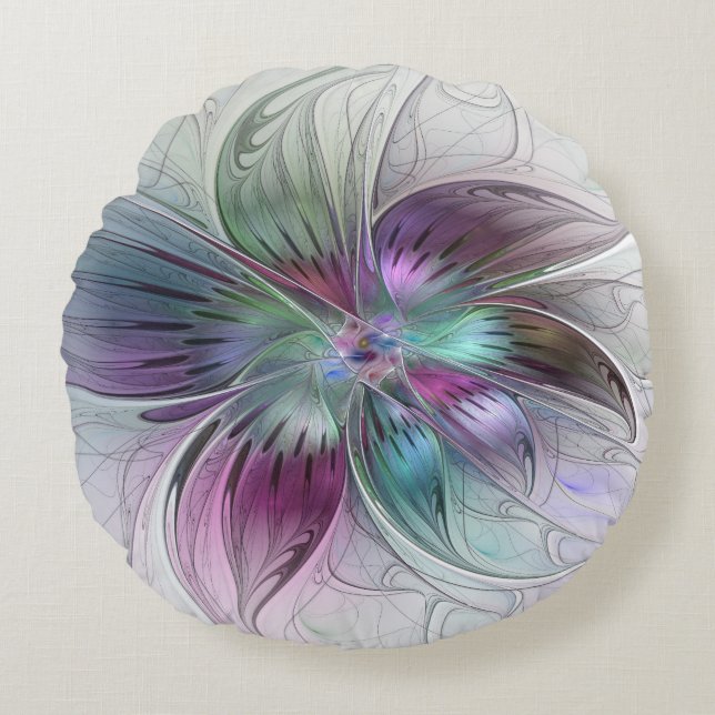 Colourful Abstract Flower Modern Floral Fractal Ar Round Cushion (Front)