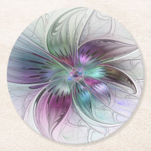 Colourful Abstract Flower Modern Floral Fractal Ar Round Paper Coaster