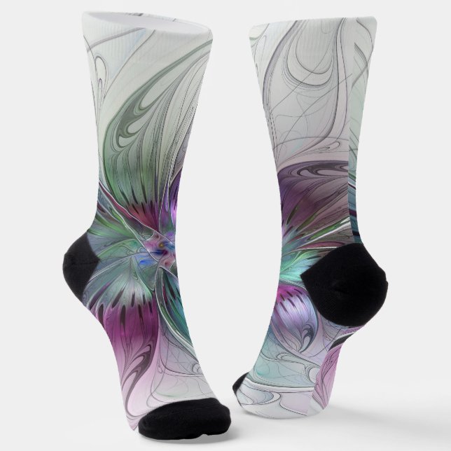 Colourful Abstract Flower Modern Floral Fractal Ar Socks (Angled)