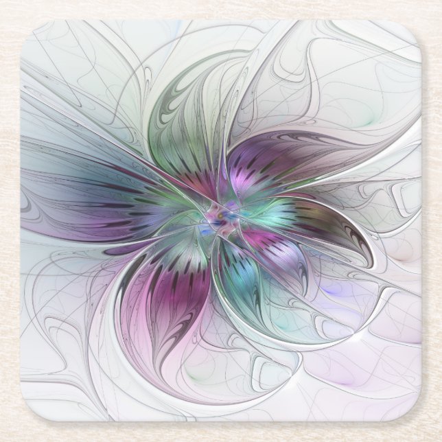 Colourful Abstract Flower Modern Floral Fractal Ar Square Paper Coaster (Front)