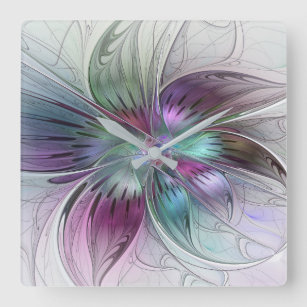 Colourful Abstract Flower Modern Floral Fractal Ar Square Wall Clock