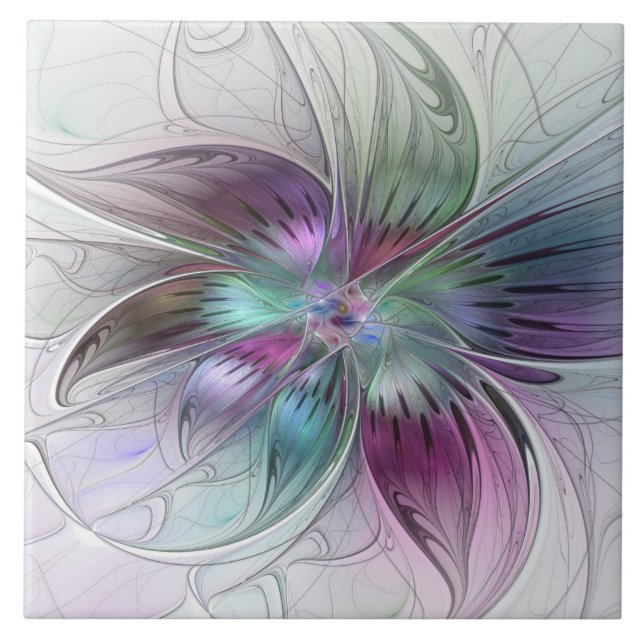 Colourful Abstract Flower Modern Floral Fractal Ar Tile (Front)