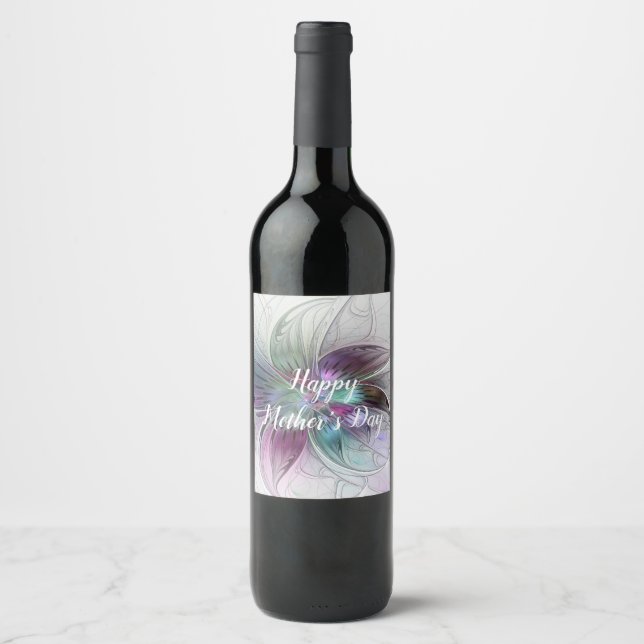 Colourful Abstract Flower Modern Floral Fractal Ar Wine Label (Front)