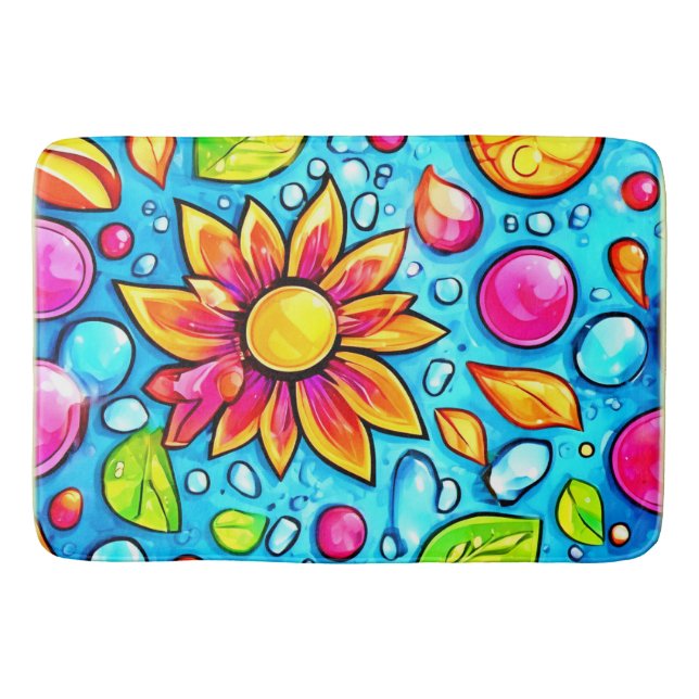 Colourful abstract flower pattern bath mat (Front)