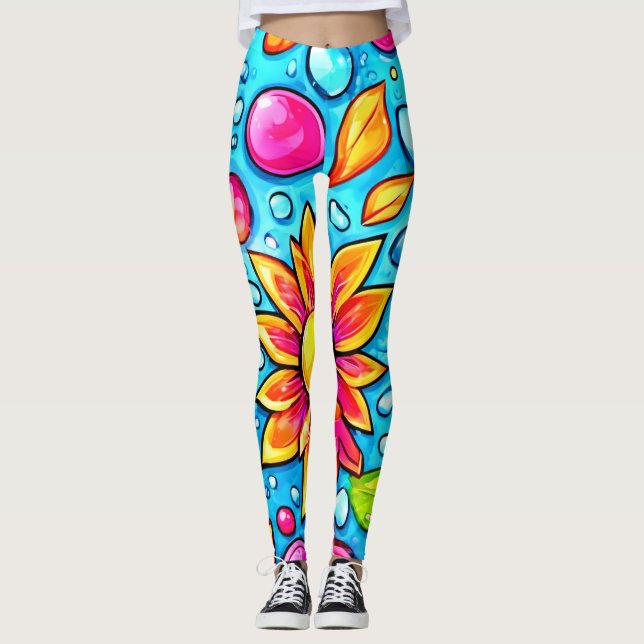 Colourful abstract flower pattern leggings (Front)