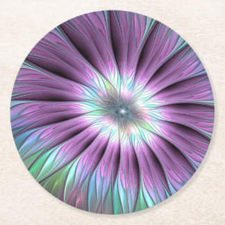 Colourful Abstract Flower Pink Blue Green Fractal Round Paper Coaster