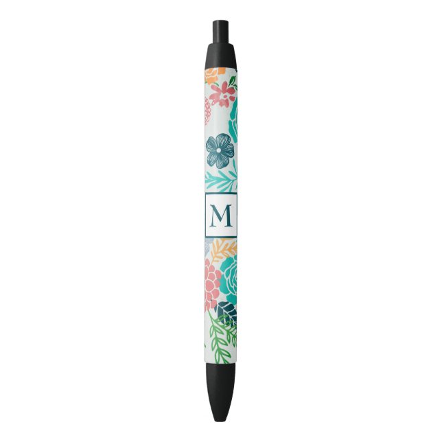 Colourful Abstract Flowers Black Ink Pen (Front Vertical)