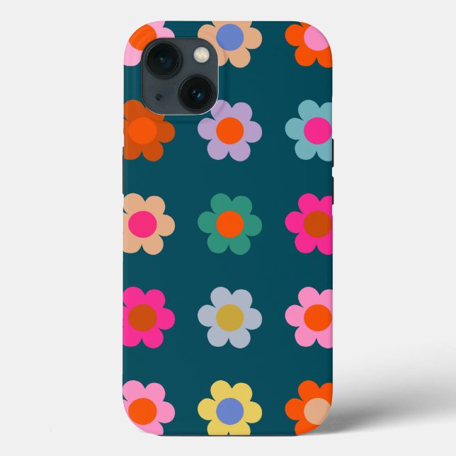 Colourful Abstract Flowers Navy Blue Retro Floral  Case-Mate iPhone Case (Back)