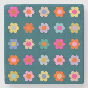 Colourful Abstract Flowers Navy Blue Retro Floral Stone Coaster
