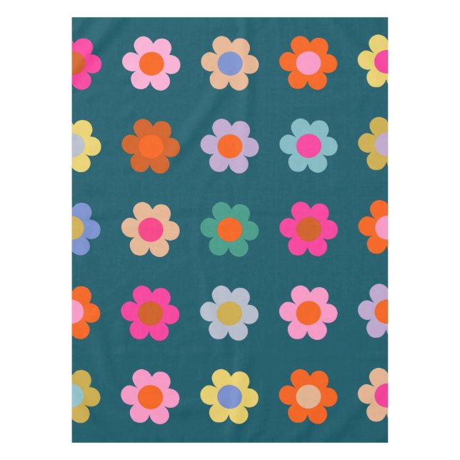 Colourful Abstract Flowers Navy Blue Retro Floral  Tablecloth (Front)
